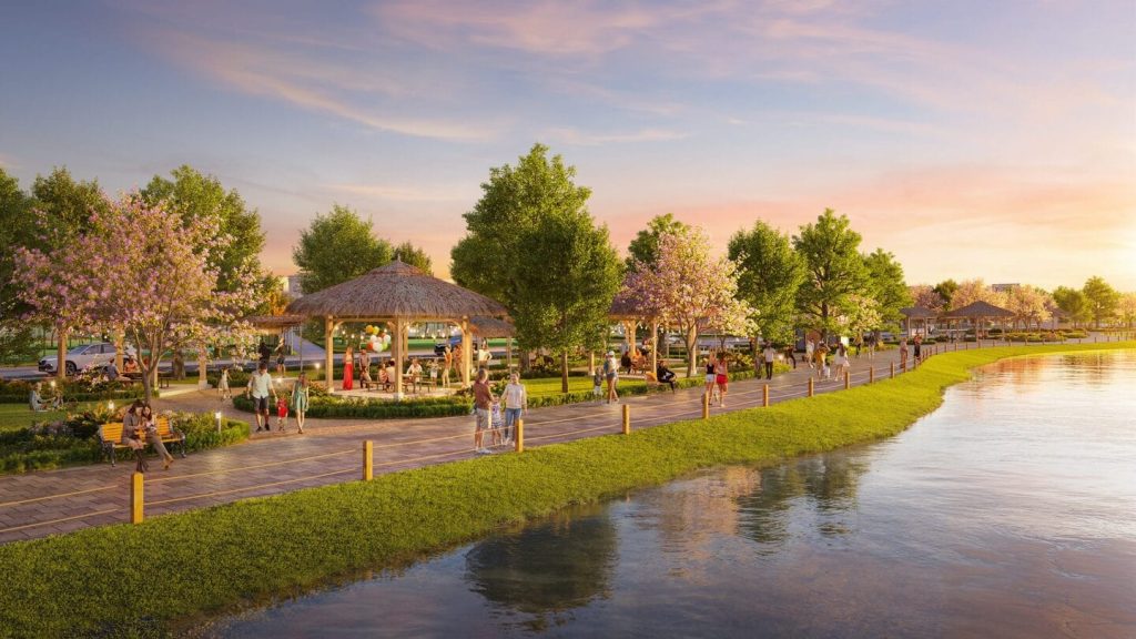 Hình ảnh công viên BBQ ven sông rộng 4.73ha tại Vinhomes Đan Phượng với không gian thoáng đãng, khu vực nướng BBQ và cảnh quan sông nước yên bình