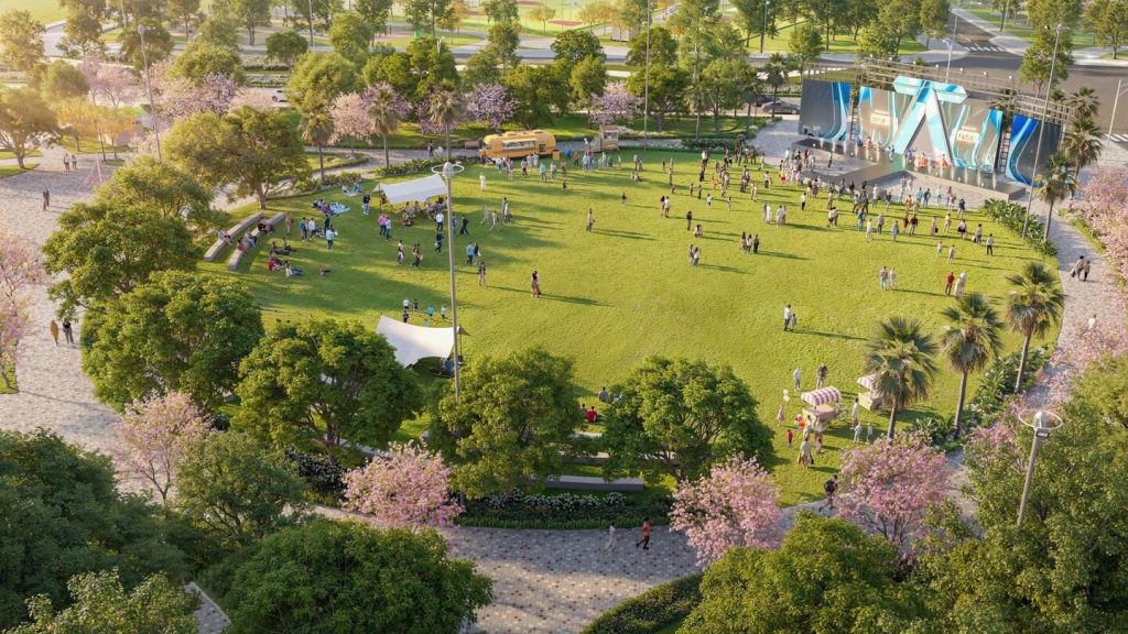 Công viên vui chơi Adventure Park rộng 4.56ha tại Vinhomes Đan Phượng với các khu trò chơi mạo hiểm, không gian giải trí đa dạng và cảnh quan cây xanh hấp dẫn