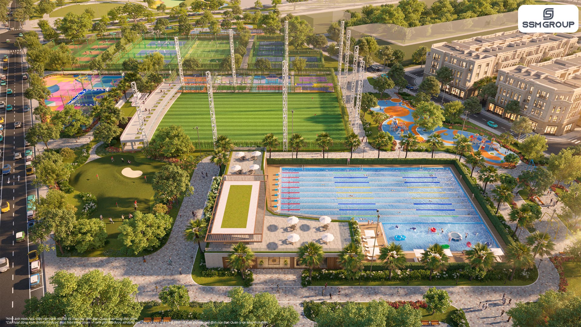 Athletic Park (Công viên Thể thao 3,65ha): Đáp ứng mọi xu hướng vận động hiện đại với sân tập golf rộng hơn 4.000m2, bể bơi Olympic 1.250m2 và hệ thống sân tennis, pickleball, bóng đá. Athletic Park (Công viên Thể thao 3,65ha): Đáp ứng mọi xu hướng vận động hiện đại với sân tập golf rộng hơn 4.000m2, bể bơi Olympic 1.250m2 và hệ thống sân tennis, pickleball, bóng đá.